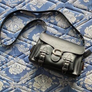 Women's Coach Black Grained Leather Biker-Style Flap Crossbody Bag